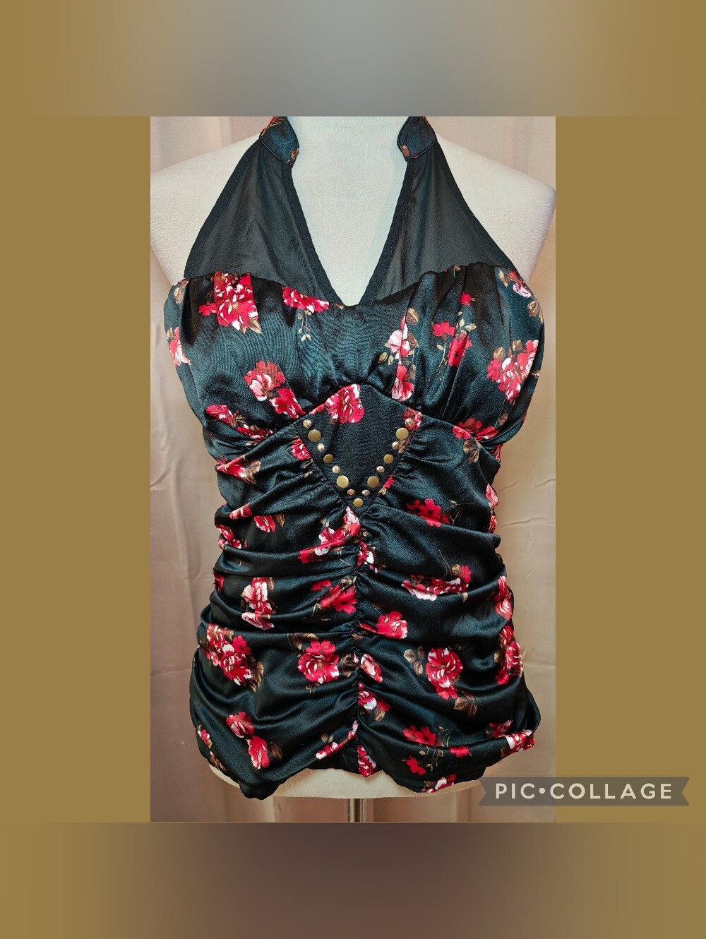 🌹Vintage Y2K XOXO Satin Floral Studded & Ruched Mesh Halter Top🌹